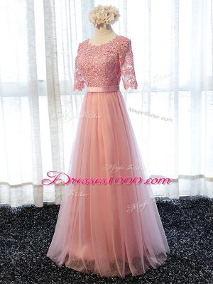 Cheap Floor Length Pink Wedding Party Dress Tulle Half Sleeves Lace