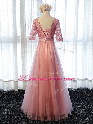 Cheap Floor Length Pink Wedding Party Dress Tulle Half Sleeves Lace