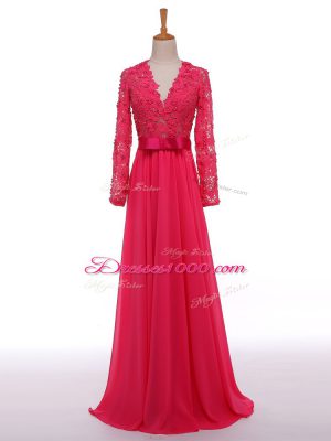 Floor Length Hot Pink Mother Dresses V-neck Long Sleeves Zipper