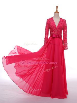 Floor Length Hot Pink Mother Dresses V-neck Long Sleeves Zipper