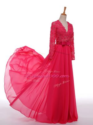 Floor Length Hot Pink Mother Dresses V-neck Long Sleeves Zipper