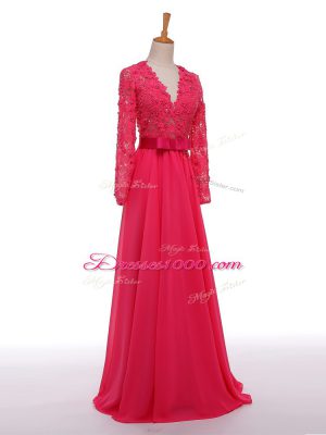 Floor Length Hot Pink Mother Dresses V-neck Long Sleeves Zipper