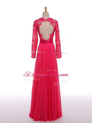 Floor Length Hot Pink Mother Dresses V-neck Long Sleeves Zipper