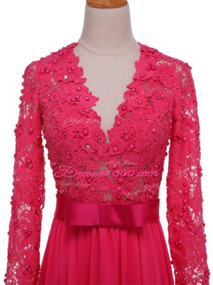 Floor Length Hot Pink Mother Dresses V-neck Long Sleeves Zipper