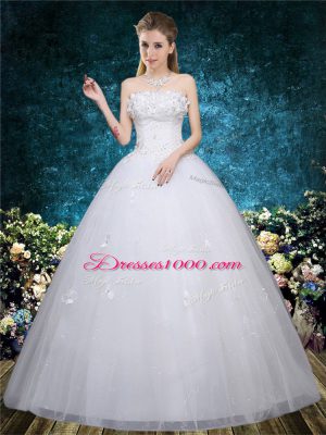 White Organza Lace Up Wedding Gown Sleeveless Floor Length Beading and Appliques