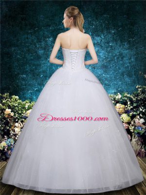 White Organza Lace Up Wedding Gown Sleeveless Floor Length Beading and Appliques