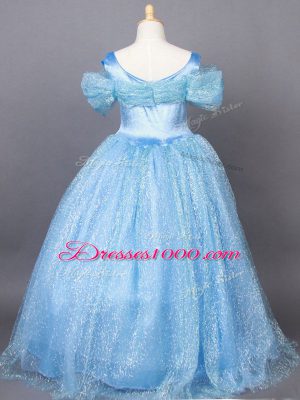 Custom Made Light Blue A-line Off The Shoulder Short Sleeves Tulle Floor Length Side Zipper Appliques Party Dresses