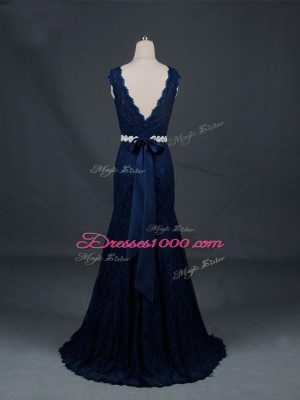 Floor Length Backless Mother of Bride Dresses Navy Blue for Prom and Military Ball and Sweet 16 and Beach with Beading