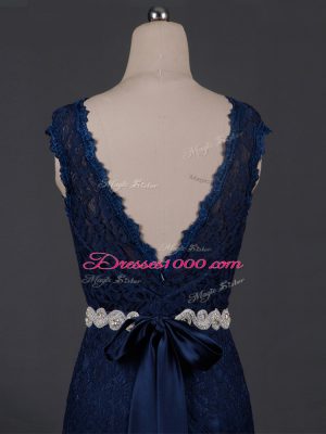 Floor Length Backless Mother of Bride Dresses Navy Blue for Prom and Military Ball and Sweet 16 and Beach with Beading