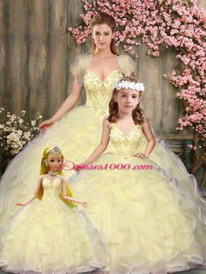 Pretty Sleeveless Floor Length Beading and Ruffles Lace Up Sweet 16 Dress with Light Yellow