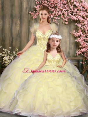 Pretty Sleeveless Floor Length Beading and Ruffles Lace Up Sweet 16 Dress with Light Yellow