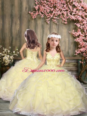 Pretty Sleeveless Floor Length Beading and Ruffles Lace Up Sweet 16 Dress with Light Yellow