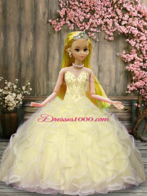 Pretty Sleeveless Floor Length Beading and Ruffles Lace Up Sweet 16 Dress with Light Yellow