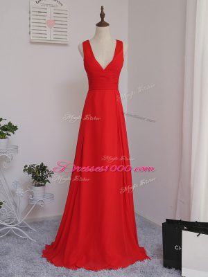 Floor Length Red Dama Dress Chiffon Sleeveless Ruching