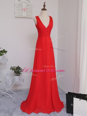 Floor Length Red Dama Dress Chiffon Sleeveless Ruching