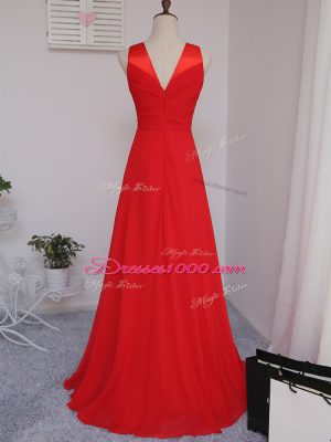 Floor Length Red Dama Dress Chiffon Sleeveless Ruching