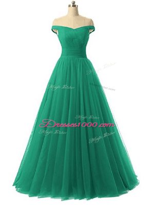 Off The Shoulder Sleeveless Pageant Dress Womens Floor Length Ruching Green Tulle