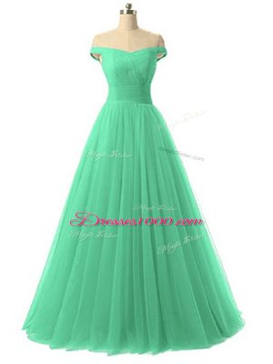 Off The Shoulder Sleeveless Pageant Dress Womens Floor Length Ruching Green Tulle