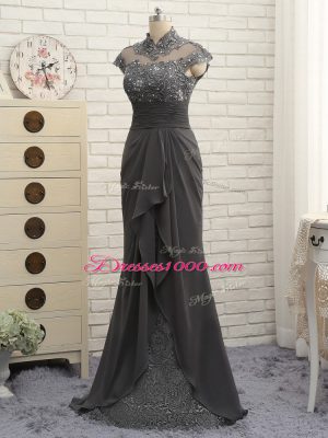 Black High-neck Zipper Lace and Ruching Mother Dresses Cap Sleeves