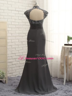 Black High-neck Zipper Lace and Ruching Mother Dresses Cap Sleeves