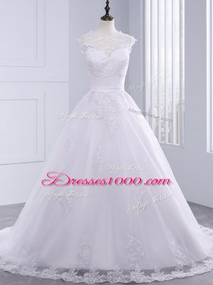 Flirting High-neck Sleeveless Tulle Bridal Gown Lace and Appliques and Bowknot Brush Train Zipper