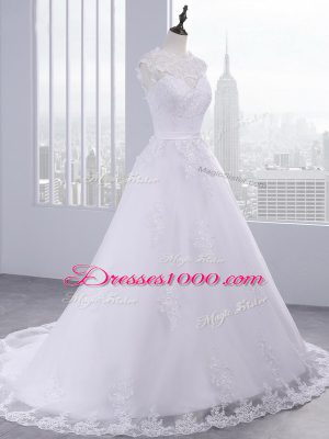 Flirting High-neck Sleeveless Tulle Bridal Gown Lace and Appliques and Bowknot Brush Train Zipper