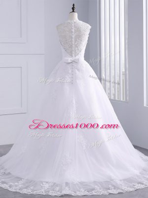 Flirting High-neck Sleeveless Tulle Bridal Gown Lace and Appliques and Bowknot Brush Train Zipper