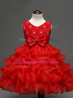 Red Ball Gowns Organza Scoop Sleeveless Lace and Ruffled Layers and Bowknot Knee Length Zipper Kids Formal Wear