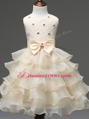 Champagne Zipper Scoop Lace and Ruffled Layers and Bowknot Teens Party Dress Organza Sleeveless