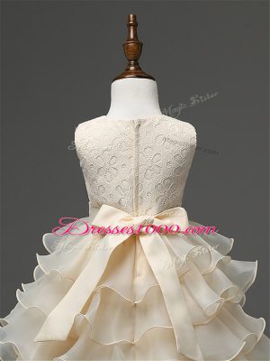 Champagne Zipper Scoop Lace and Ruffled Layers and Bowknot Teens Party Dress Organza Sleeveless