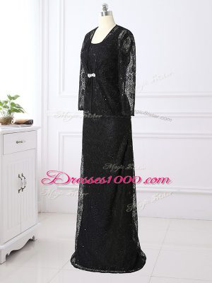 Super Black Scoop Neckline Lace Mother of Bride Dresses Long Sleeves Zipper