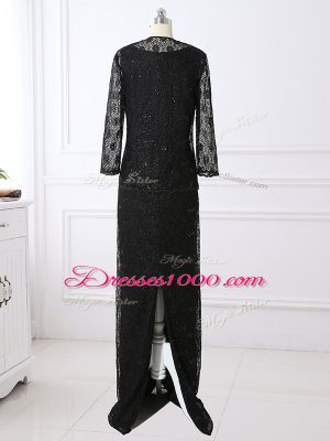 Super Black Scoop Neckline Lace Mother of Bride Dresses Long Sleeves Zipper