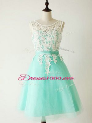 Turquoise A-line Tulle Scoop Sleeveless Lace Knee Length Lace Up Bridesmaid Dresses