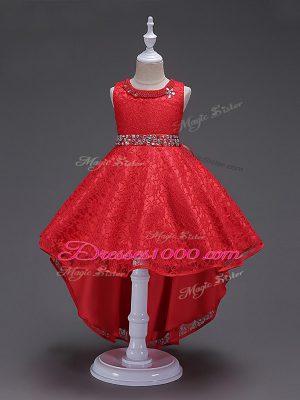 Fabulous Red Sleeveless Lace Lace Up Flower Girl Dresses for Less for Wedding Party