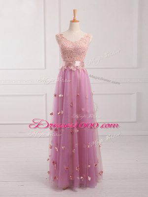 Comfortable Lilac Tulle Lace Up V-neck Sleeveless Floor Length Quinceanera Dama Dress Lace and Appliques