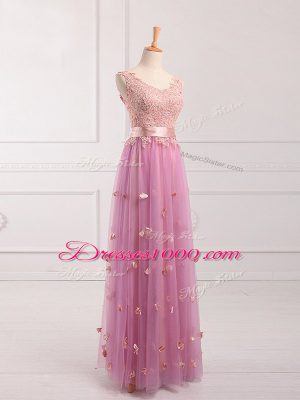 Comfortable Lilac Tulle Lace Up V-neck Sleeveless Floor Length Quinceanera Dama Dress Lace and Appliques