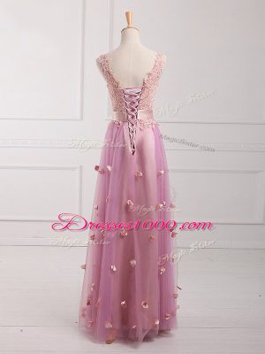 Comfortable Lilac Tulle Lace Up V-neck Sleeveless Floor Length Quinceanera Dama Dress Lace and Appliques