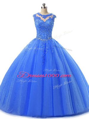 Superior Blue Ball Gowns Scoop Sleeveless Tulle Floor Length Lace Up Beading and Lace Sweet 16 Dresses