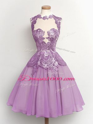 Pretty Lilac High-neck Lace Up Lace Bridesmaid Dress Sleeveless