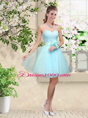 Sleeveless Tulle Knee Length Lace Up Damas Dress in Aqua Blue with Lace and Belt