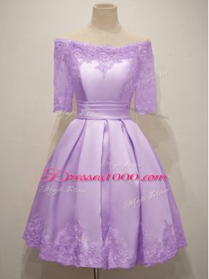 Fabulous Lavender Short Sleeves Lace Knee Length Bridesmaid Dress