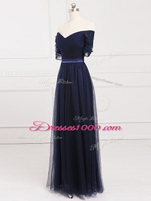 Deluxe Navy Blue Off The Shoulder Lace Up Ruching Quinceanera Court Dresses Short Sleeves