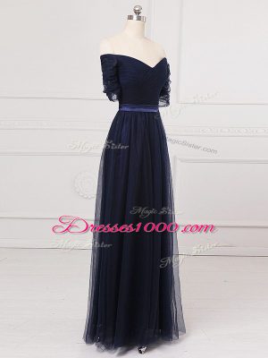 Deluxe Navy Blue Off The Shoulder Lace Up Ruching Quinceanera Court Dresses Short Sleeves