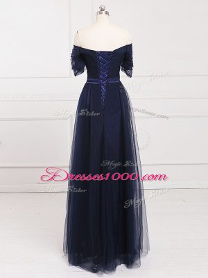 Deluxe Navy Blue Off The Shoulder Lace Up Ruching Quinceanera Court Dresses Short Sleeves