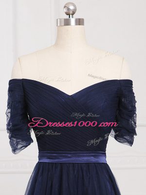 Deluxe Navy Blue Off The Shoulder Lace Up Ruching Quinceanera Court Dresses Short Sleeves