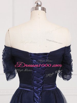 Deluxe Navy Blue Off The Shoulder Lace Up Ruching Quinceanera Court Dresses Short Sleeves