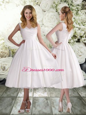 Sleeveless Lace Up Tea Length Appliques Wedding Gowns