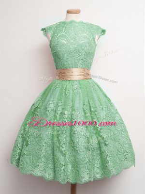 Custom Design High-neck Cap Sleeves Lace Up Dama Dress Green Lace