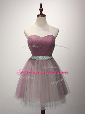 Dazzling Pink Sleeveless Beading and Ruching Mini Length Bridesmaids Dress