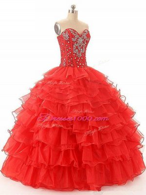 Red Lace Up Sweet 16 Quinceanera Dress Beading and Ruffled Layers Sleeveless Floor Length